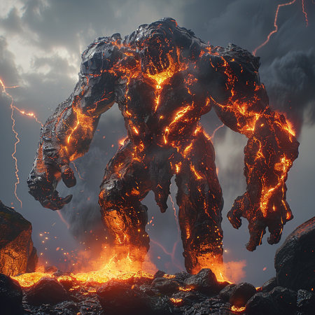 3d rendering of a monster in the sky with smoke and fireの素材