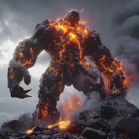 3D render of a monster with lava and fire in the backgroundの素材