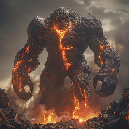 3D rendering of a monster on a background of fire and smokeの素材
