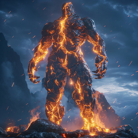 3D rendering of a male figure with a volcano in the backgroundの素材