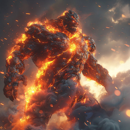 3D Illustration of a monster with fire in the background.の素材