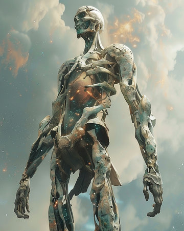 3D rendering of a male robot in space with stars and nebulaの素材