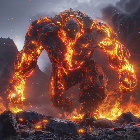 3D illustration of a monster in a fire with flames and smokeの素材