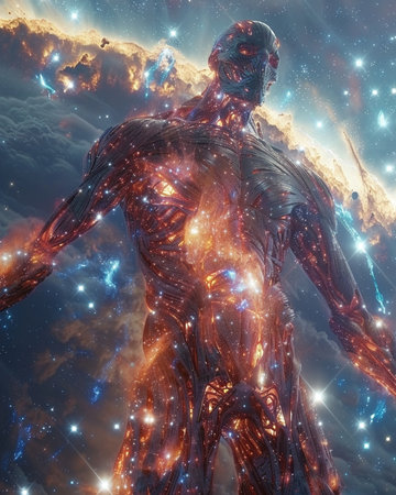 Futuristic male robot in space with stars and nebula.の素材