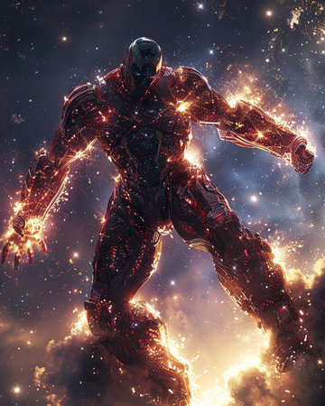 Cyborg in outer space. Science fiction. 3D rendering.の素材