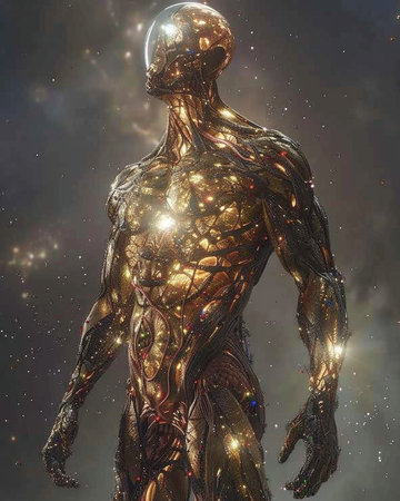 3D rendering of a male robot in outer space with stars.の素材
