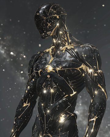 3D rendering of a male cyborg with golden spikes on his bodyの素材
