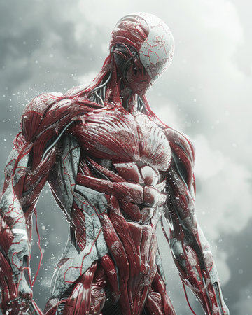 Cyborg man with red skin and blood vessels. 3d renderingの素材