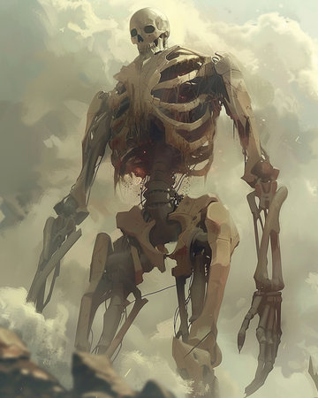 3D illustration of a human skeleton in a stormy sky.の素材