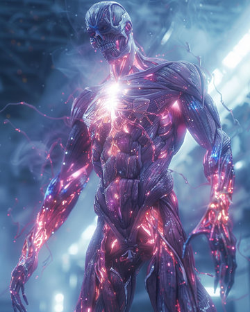 3D rendering of a female robot with glowing strands of light insideの素材