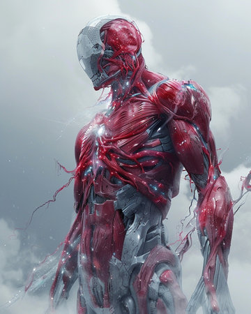 Cyborg man with red blood on his body. 3d renderingの素材