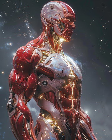 Cyborg man in space with stars and nebula. 3D renderingの素材