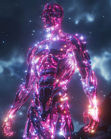 Cyborg man with glowing human body in futuristic space. 3D renderingの素材