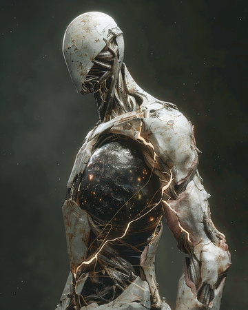 3D rendering of a female robot with cracked skin on a dark backgroundの素材