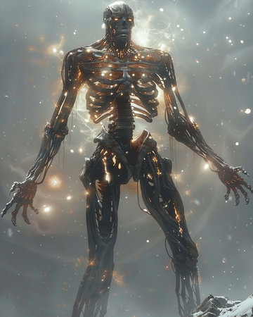 3D Illustration of a female alien in a dark space.の素材