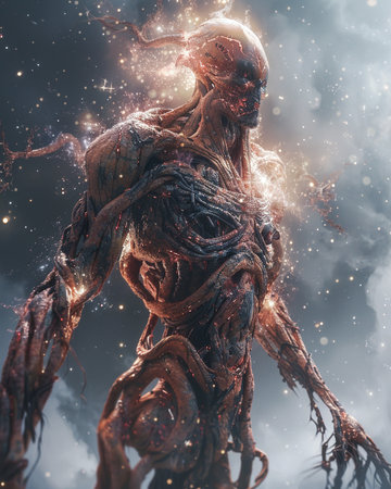 3d rendering of a female alien in a dark space with starsの素材