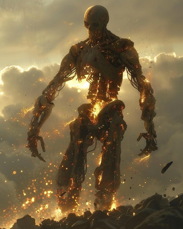 3D Illustration of a Fantasy Figure Surrounded by Fire and Fogの素材