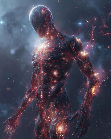 Human body in space with glowing particles and stars. 3D renderingの素材