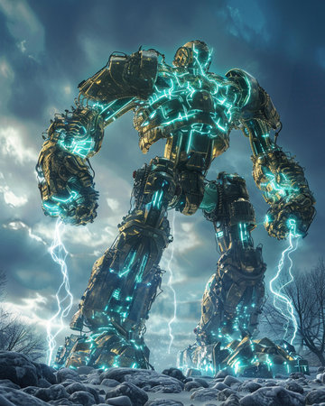 Futuristic robot with glowing neon lights. 3D rendering.の素材