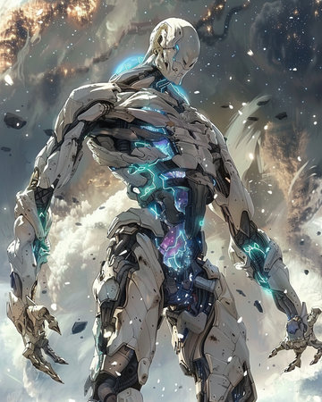 3D rendering of a male cyborg in space with stars and planetsの素材