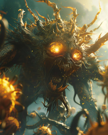 3D rendering of a fantasy alien creature with glowing eyes and hornsの素材