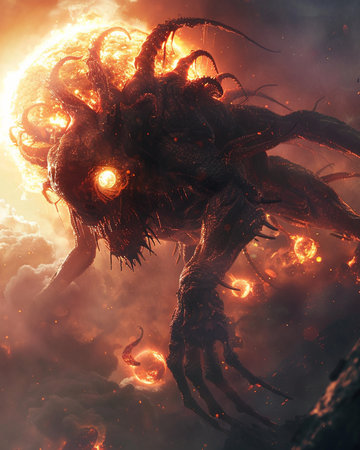 3D illustration of a fantasy alien with fire and smoke in the backgroundの素材