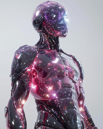 3D rendering of a female robot with glowing wireframe in the backgroundの素材