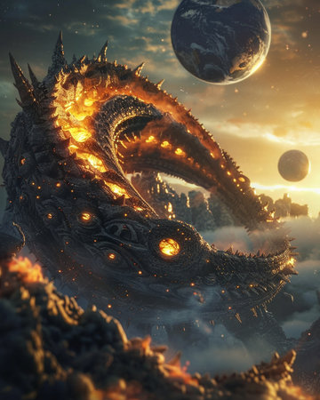 Fantasy dragons and planets. 3D illustrations. Fantasy background.の素材