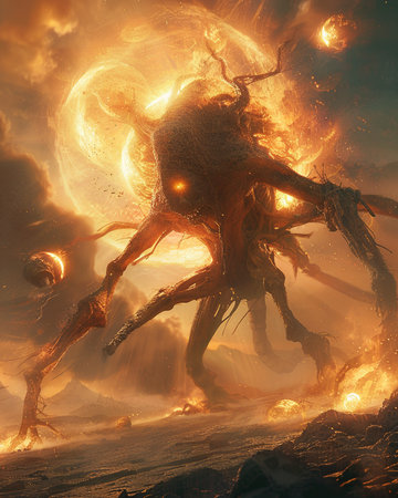 Huge monster in the fire. 3D rendering. Fantasy.の素材