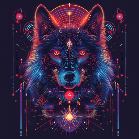 Vector illustration of a wolf head with Sacred geometry symbols on the dark background.の素材