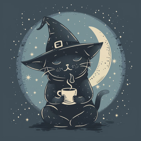 Vector illustration of a black cat in a witch hat with a cup of coffee sitting on the moon.の素材