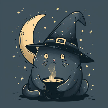 Vector illustration of a black cat in a witch hat with a cup of coffee.の素材