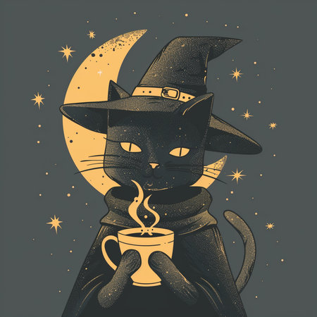 Cute black cat witch with a cup of tea. Vector illustration.の素材