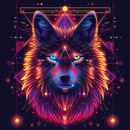 Neon illustration of wolf head in cosmic style. Vector illustration.の素材