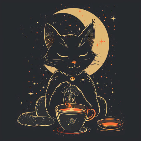 Vector illustration of a cat with a cup of tea and a candle in his hands.の素材
