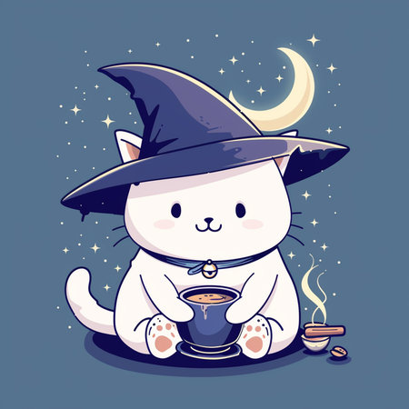 Cute cat in a witch hat drinking coffee. Vector illustration.の素材