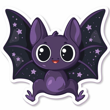 Cute purple bat sticker on white background. Vector illustration in cartoon style.の素材