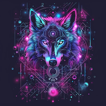 Vector illustration of wolf head and Sacred geometry symbol on dark background. Abstract mystic sign.の素材