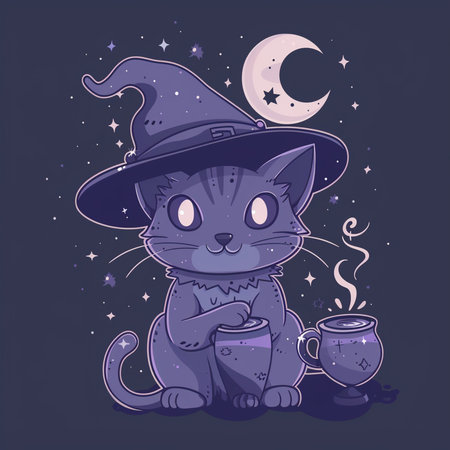 Cute cartoon cat in a witch hat with a cup of coffee. Vector illustration.の素材
