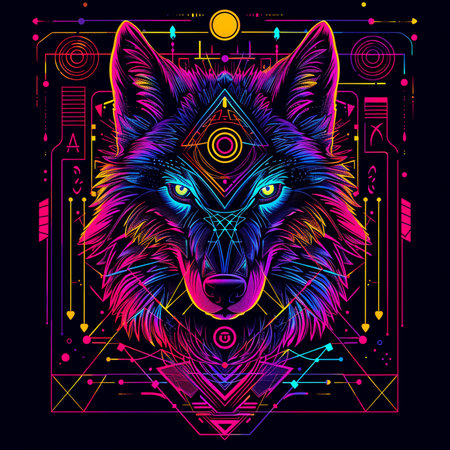 Wolf head with abstract geometric pattern on a black background. Vector illustration.の素材