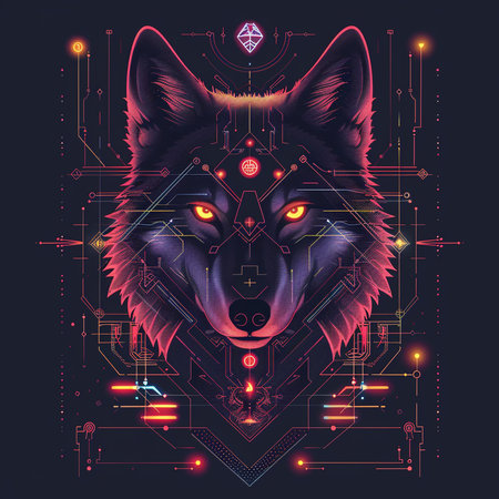 Neon illustration of a wolf head with electronic elements. Vector illustration.の素材