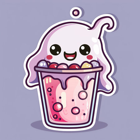 Illustration of a cute ice cream in a glass on a purple backgroundの素材