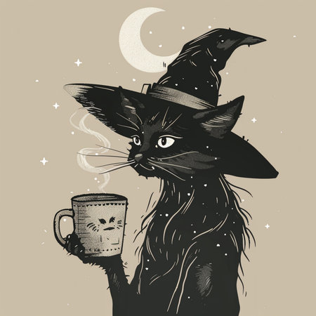 Vector illustration of a black cat in a witch hat with a cup of coffee.の素材