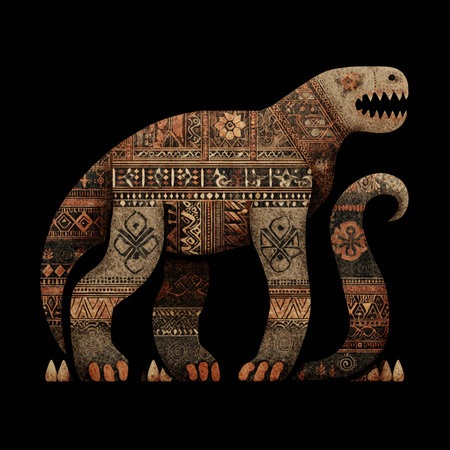 Tribal crocodile with grunge ethnic ornament on black backgroundの素材