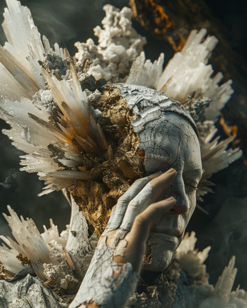 A closeup shot of a man covered in ice with a candleの素材