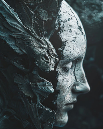 Close-up portrait of a woman with a carved face. Halloween theme.の素材