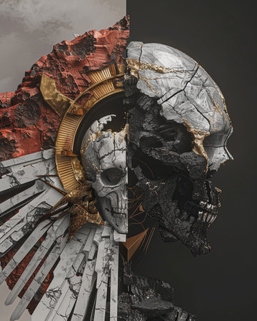 3d illustration of a skull with a golden gear on a dark backgroundの素材