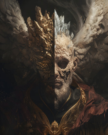 Portrait of a man in a carnival mask and golden wingsの素材