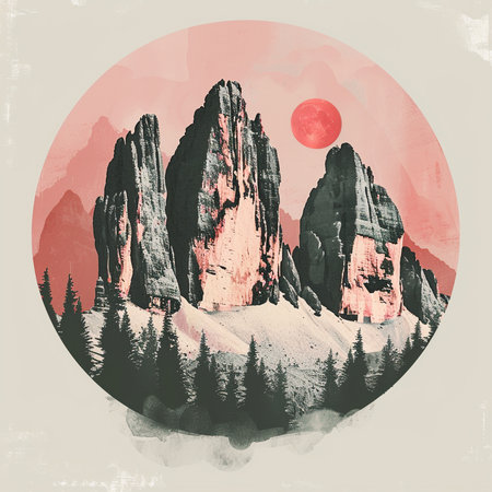 Watercolor mountain landscape with red sun in the sky. Vector illustration.の素材