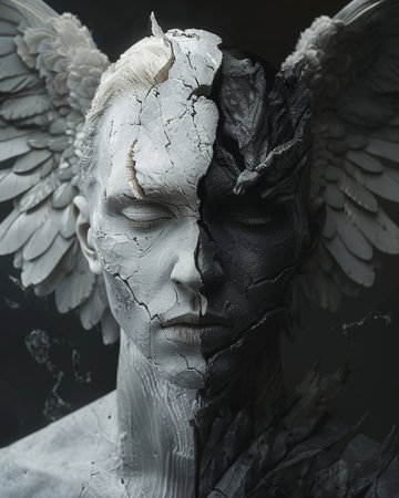 Face of a woman with white wings on a black background. 3d renderingの素材
